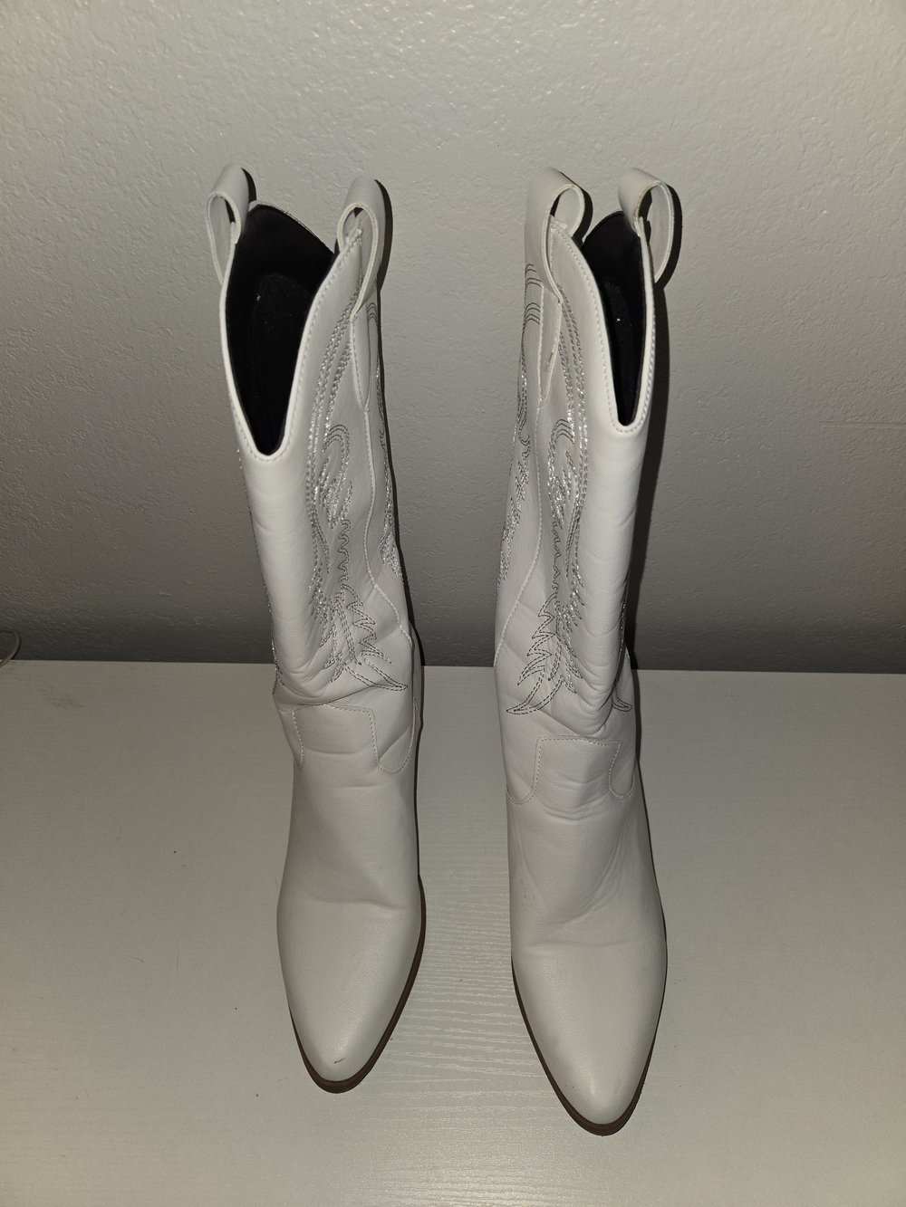 White Pointed-Toe Western Calf-High Boots